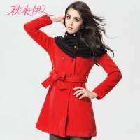 秋水伊人 女装新款双排扣收腰修身呢子大衣114312052(大红/XL)