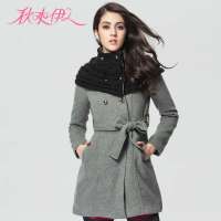 秋水伊人 女装新款双排扣收腰修身呢子大衣114312052(中灰/XL)