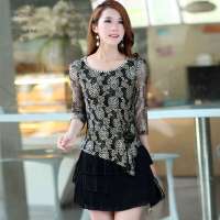 圣加婧七分袖蕾丝雪纺百褶连衣裙 包裙圆领遮肚子显瘦连衣裙M 113X071