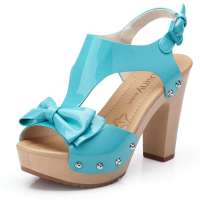 Josiny卓诗尼甜美蝴蝶结漆皮木质底粗跟女高跟鞋132137550蓝色39