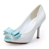 Josiny卓诗尼甜美蝴蝶结漆皮高跟浅口细跟鱼嘴单鞋131225620蓝色34