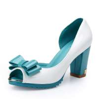 Josiny卓诗尼甜美蝴蝶结漆皮高跟鞋浅口鱼嘴粗跟单鞋女131225970白色35