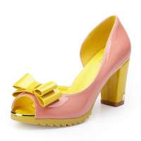 Josiny卓诗尼甜美蝴蝶结漆皮高跟鞋浅口鱼嘴粗跟单鞋女131225970粉红36