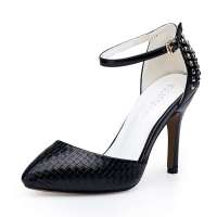 Josiny卓诗尼欧美性感尖头铆钉装饰高跟鞋细跟单鞋女132235630黑色35