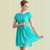 茵佳妮 女装拼色领子纯色优雅雪纺连衣裙5132-1803091(豆绿/L)
