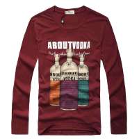 MileWile马罗威利 男装休闲时尚纯棉修身圆领印花T恤长袖打底衫TM-13SU6087(枣红/XL)