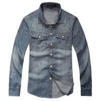 MileWile马罗威利 男装欧美简约纯棉长袖衬衫洗水做旧牛仔衬衣CM-13SU8037(浅蓝/XXL)