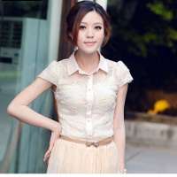 伊薇瑞 伊薇瑞韩版玫瑰立体花雕蕾丝雪纺衬衫(杏色/XL)