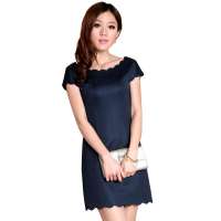 伊薇瑞 伊薇瑞波浪花边圆领气质纯色连衣裙(宝蓝色/S)