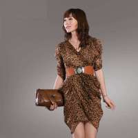 伊薇瑞 豹纹纱质花苞连衣裙（咖啡豹纹/XL）