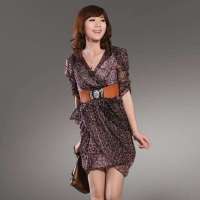 伊薇瑞 豹纹纱质花苞连衣裙(蓝色豹纹/S）