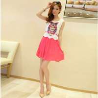 伊薇瑞 花瓣背心猫头鹰印花拼接连衣裙 (红色/F)