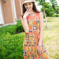 LESSYOUNG无袖印花雪纺百褶裙L13XQ0016-L203(橘色/L)