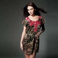 美帜MeiZhi真丝女式收腰绣花短袖裙经典豹纹(均码)MZ-S132012M