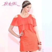 秋水伊人 女装雪纺荷叶边拼接露肩修身连衣裙子夏季韩版632102015