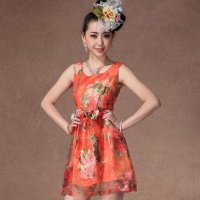 格莱美高档欧根纱织花真丝连衣裙130125