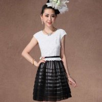 格莱美欧美时尚高雅水溶花撞色连衣裙130116