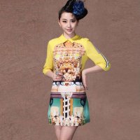 格莱美时尚高端翻领印花宽松中袖连衣裙130314