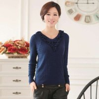 诗米利琪 女装 木耳边甜美立体花朵淑女圆领长袖针织衫E-8308