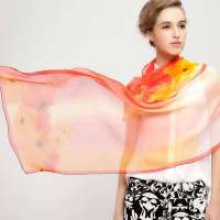 THANTRUE 真享 雅菊 春夏秋女士100%桑蚕丝围巾 手工绘画图案丝巾 长款披肩 礼盒装 自用送人A013 红色