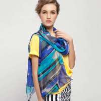 THANTRUE 真享 蓝颜 春夏天女士丝巾 100%桑蚕丝真丝围巾 几何图案印花 礼盒装A027 蓝色