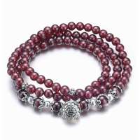 BOFIEER宝菲尔天天然AAA级酒红石榴石925银泰银佛佑今生百搭多层手链5MM(附证书)ES0163