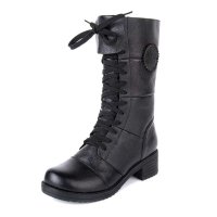 毅雅时尚帅气侧拉链骑士粗跟英伦风系带牛皮中筒靴YY998-6