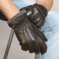 ELMA 艾玛 罗纹针织里男士真皮手套 EM006WR 黑色 L