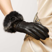 ELMA 艾玛 女士真皮手套/顶级羊皮 兔毛口 EL002PC 黑色 M