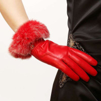 ELMA 艾玛 女士真皮手套/顶级羊皮 兔毛口 EL002PC 红色 S