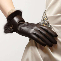 ELMA 艾玛 兔毛口 女士真皮手套/进口羊皮 EL003PR 棕色 L