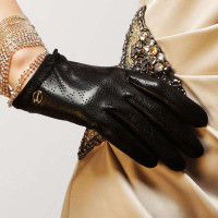 ELMA 艾玛 女士气松紧花边口 真皮手套 EL006NN 黑色 L