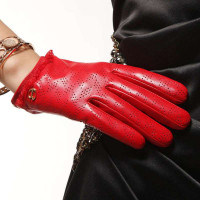 ELMA 艾玛 女士气松紧花边口 真皮手套 EL006NN 红色 L