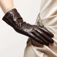 ELMA 艾玛 背花修手 女士真皮手套 EL009NR 棕色 M