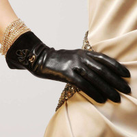 ELMA 艾玛 蝴蝶结背饰 反绒口 女士真皮手套 EL011PN 黑色 M