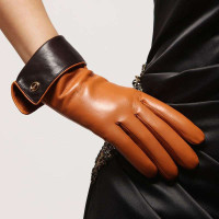 ELMA 艾玛 收口外翻女士真皮手套 EL021NQF 棕+沙 S