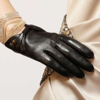 ELMA 艾玛 蝴蝶结装饰 女士短款真皮手套 EL025NN 黑色 L