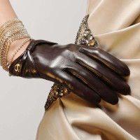 ELMA 艾玛 蝴蝶结装饰 女士短款真皮手套 EL025NN 棕色 M