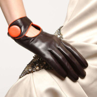 ELMA 艾玛 高端女士羊皮手套/撞色/时尚修手 EL028NN 棕+橙 S