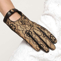 ELMA 艾玛 女士真皮手套/羊皮+蕾丝/超时尚 EL030NN 黑色 S