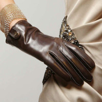 ELMA 艾玛 女士搭扣真皮手套 触屏手套 EL033PN1 棕色 M