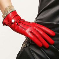 ELMA 艾玛 女士真皮手套/羊绒里/手工绣花/顶级羊皮 EL034PR 红色 L