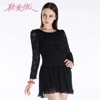 秋水伊人 女装修身蕾丝拼接雪纺连衣裙百褶裙631102004