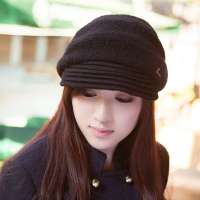 THANTRUE 真享 韩版圆顶针织帽子 宽檐鸭舌帽 女士时装毛线帽 B007 黑色