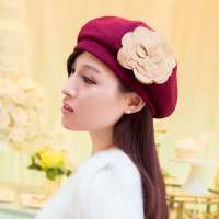THANTRUE 真享 韩版大花朵羊毛呢帽子 圆顶贝雷帽 女士时装帽 B013 酒红色