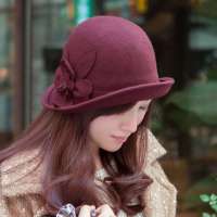THANTRUE 真享  韩版三叶花朵帽子 羊毛毡盆帽 女士卷边小礼帽 H015 酒红色