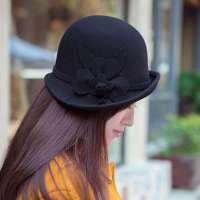 THANTRUE 真享  韩版三叶花朵帽子 羊毛毡盆帽 女士卷边小礼帽 H015 黑色