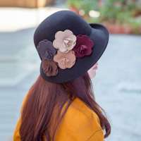 THANTRUE 真享  优雅小翻边帽子 花朵羊毛毡帽 淑女礼帽女士帽 H016 黑色