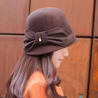 THANTRUE 真享 韩版进口羊毛帽子 盆帽 女士大蝴蝶结渔夫帽 H017 咖啡色