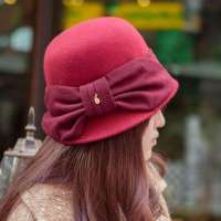 THANTRUE 真享 韩版进口羊毛帽子 盆帽 女士大蝴蝶结渔夫帽 H017 酒红色